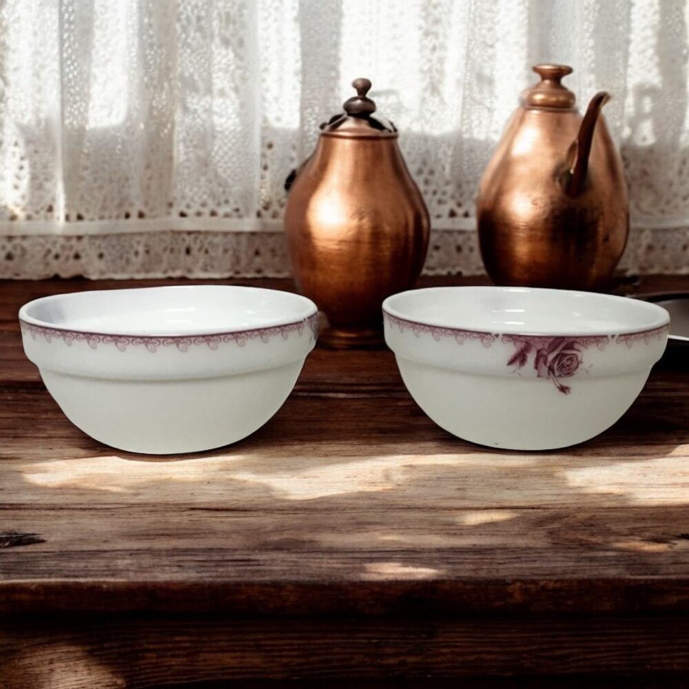 Krystallo Set of 2 Small White Milk Glass Bowls With Red Rose Accent Bands